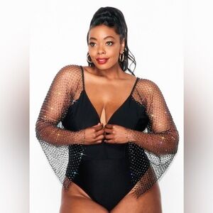 Plus size mesh rhinestone sleeve black bodysuit